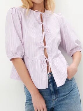 Striped Lavender Puff-Sleeve Peplum Top